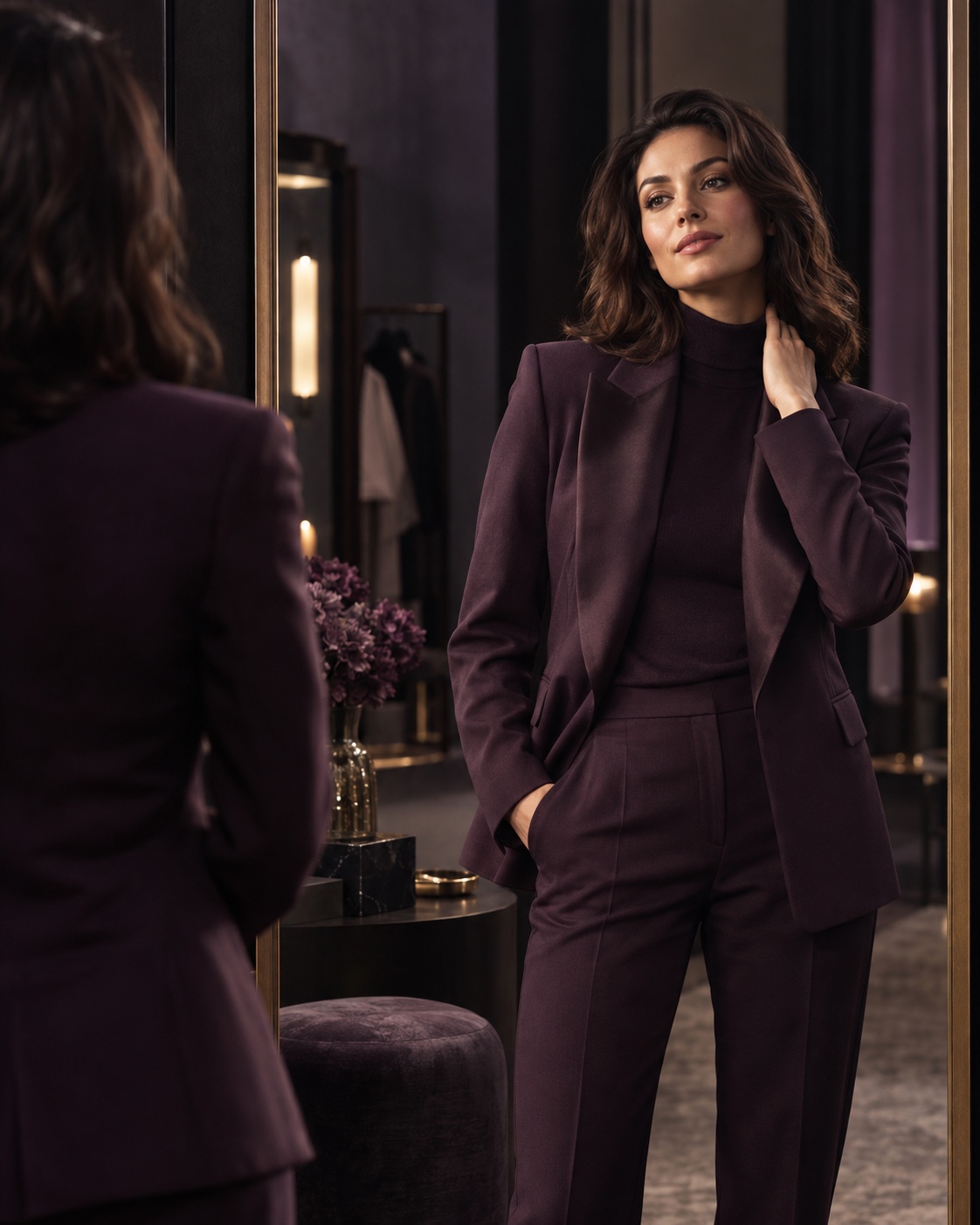 Woman in a tailored plum suit assessing her outfit in a dressing-room mirror